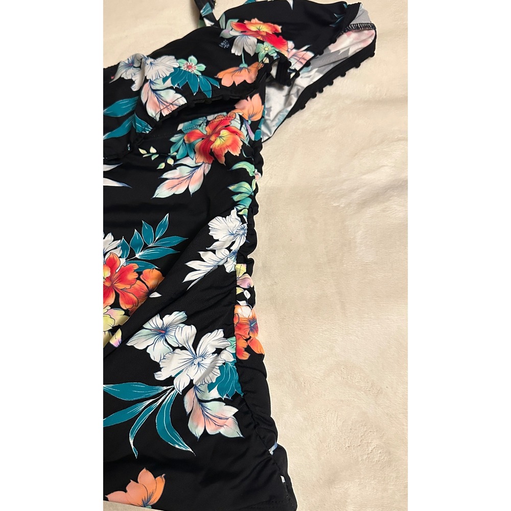 Tommy Bahama Womens XS Black Floral Tankini Set Ruffle Top Skirt Rouched Sides - Picture 7 of 15